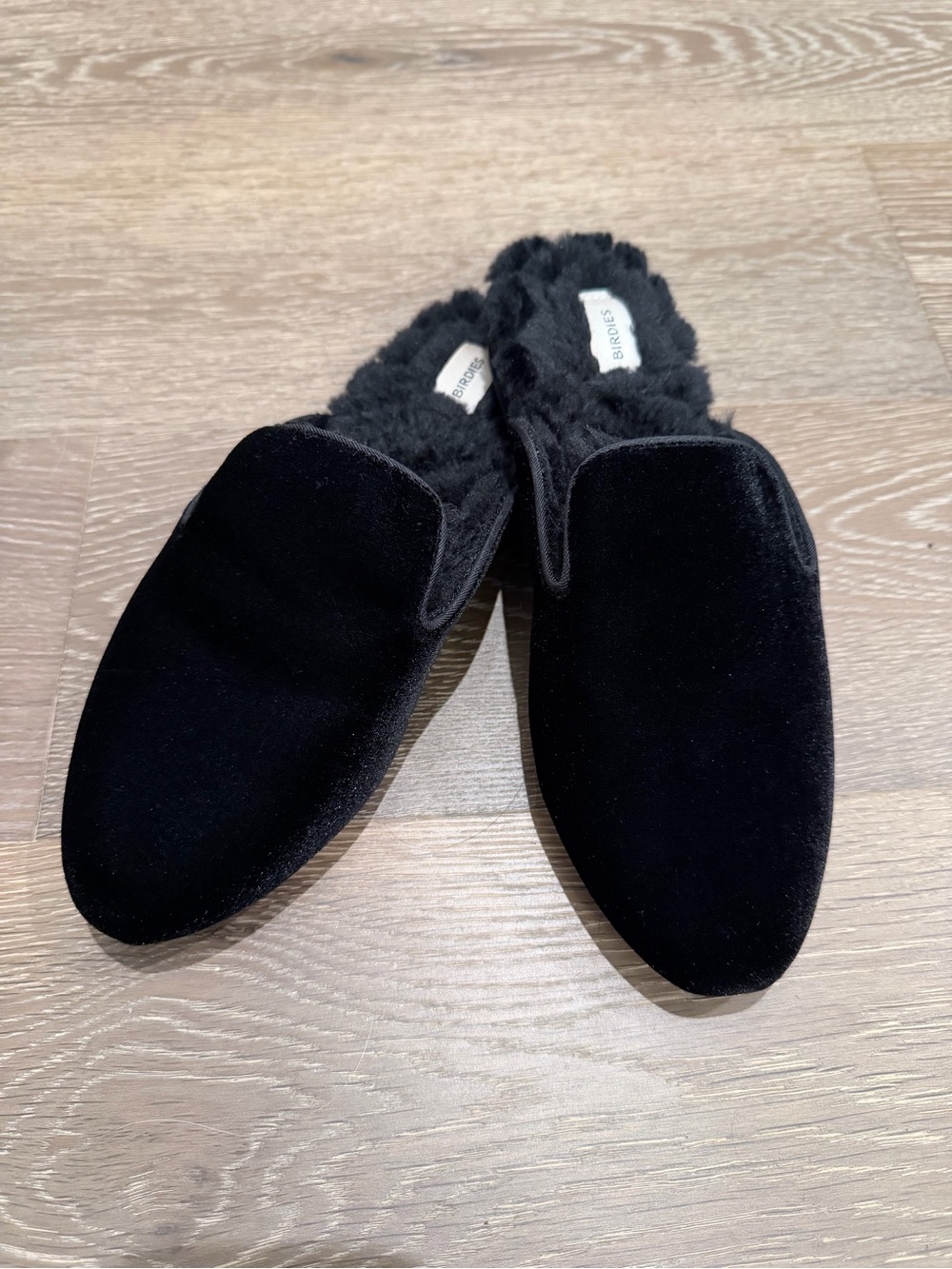 Birdies The Phoebe Black Velvet Faux Fur Mules 5.5